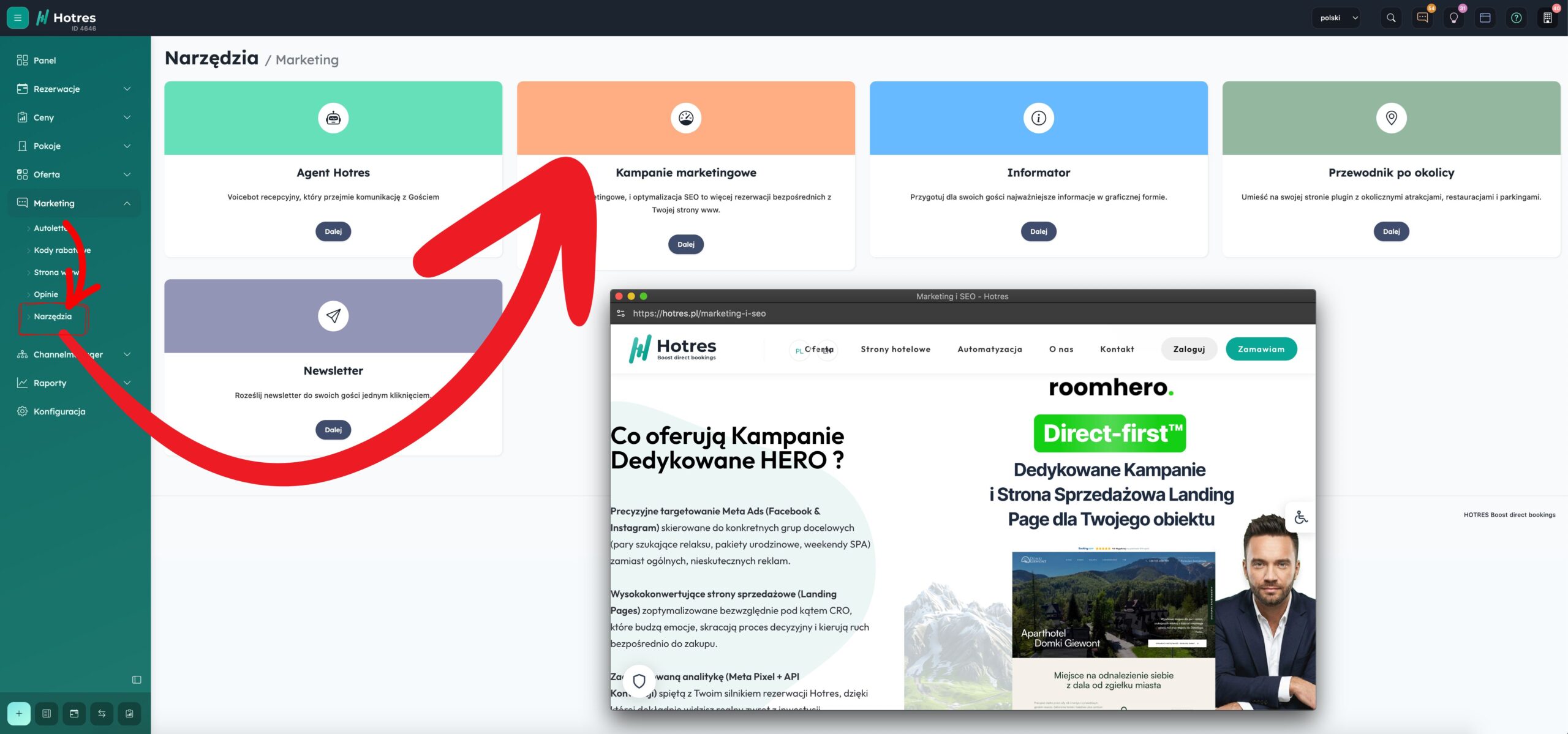 Screen z panelu klienta Hotres - Marketing i SEO